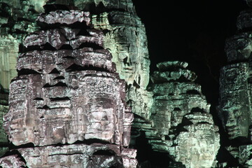 Fototapeta premium Cambodia. Bayon Temple. On Khmer New Year, include temple lighting at night. Siem Reap city. Siem Reap province.