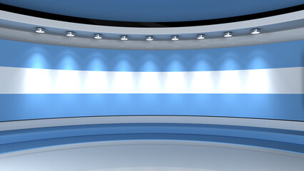 Fototapeta premium TV studio. Argentina. Argentine flag. News studio. Loop animation. Background for any green screen or chroma key video production. 3d render. 3d