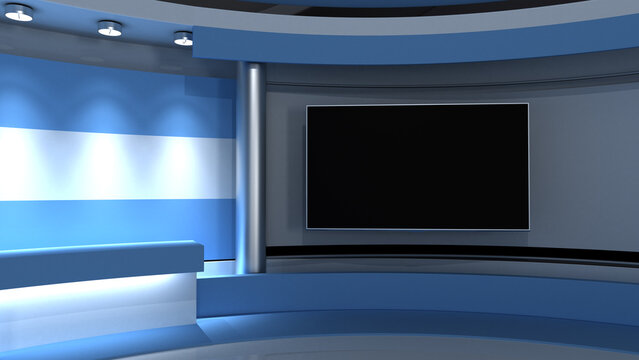 TV studio. Argentina. Argentine flag. News studio. Loop animation. Background for any green screen or chroma key video production. 3d render. 3d