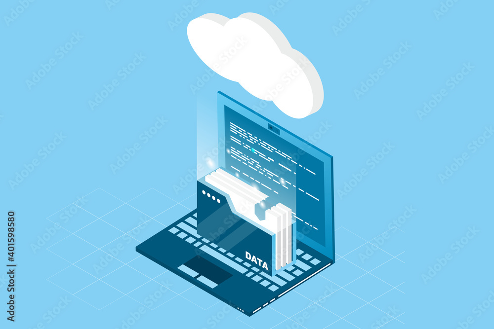 Poster isometric cloud technology with folder data and laptop. cloud technology computing concept. vector i