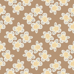 Decorative seamless pattern with white and yellow flowers print. Beige background.