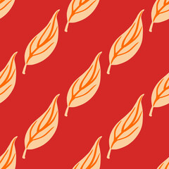 Light contoured foliage seamless pattern in creative style. Red background. Contrast print.