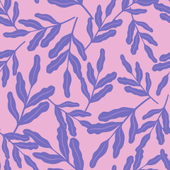 Random seamless abstract bright pattern with purple colored leaf branches print on pink background.