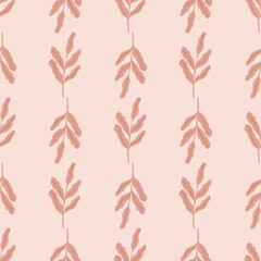Seamless flora pattern with leaf branches silhouettes in simple style. Light pink background.