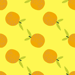 Doodle hand drawn seamless pattern with citrus orange mandarin print. Yellow background.