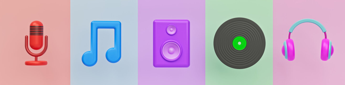 Set Of Music Related Icons. Microphone, Music Note, Sound Speaker, Vinyl Record And Headphone. Colorful Trendy Banner. 3d Rendering