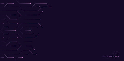 Vector abstract background on the theme of digital technology, future, cyberpunk. Dark violet background with bright violet lines computer elements. Banner template design for web, copyspace.