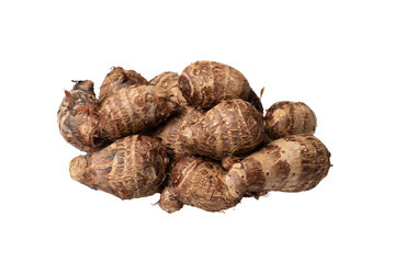 A heap of raw organic brown taro roots isolated on white background. Close-up and macro. 