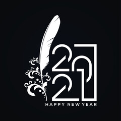 2021 New Year Illustration With Feather and Floral Ornaments. On white. Isolated on blue background