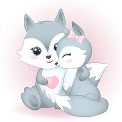 Cute couple Fox and Heart hand drawn cartoon animal watercolor illustration