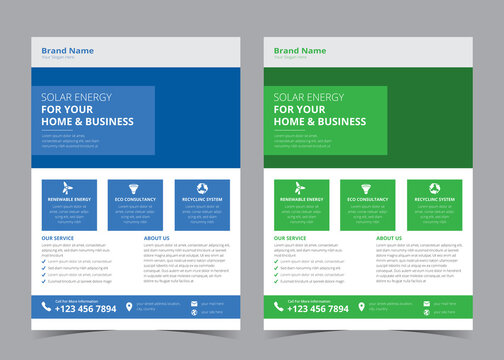 Solar Energy For Your Home Flyer, Green Energy Flyer Templates, Vector.