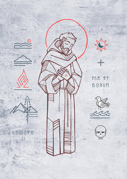 Saint Francis of Asis and christian symbols illustration