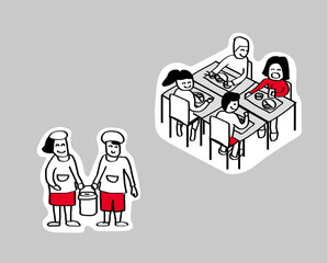 学校生活／シンプルな線画手描きイラスト／レイヤーで服の色変え可能／給食の時間