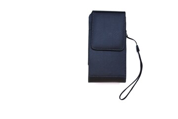 Black Phone bag case girdle PU leather with copy space  isolated on white background closeup.