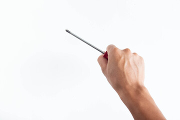 Top angle of young man right handed, holding philip screw driver on white background