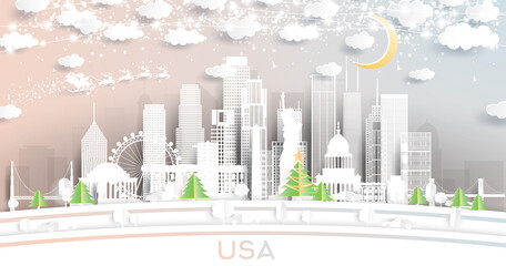 USA City Skyline in Paper Cut Style with Snowflakes, Moon and Neon Garland.