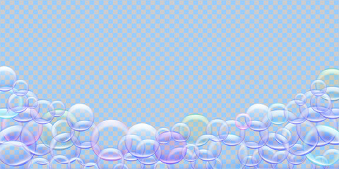 Blank poster sample with transparent multicolored soap bubbles at the bottom. Clipping mask. EPS10