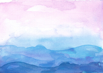 Watercolor landscape. Blue wave on the sea, ocean. Blue mountains in the fog. Beautiful sky. Art banner, background, poster. Abstract splash of watercolor azure paint. Blue sea, Hill, fog mountain