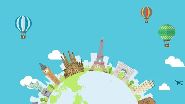 Travel, vacation, sightseeing animation banner (4K) . World heritage and world famous buildings. no text version.