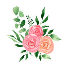 Fototapeta premium Watercolor wreath with pink roses and branches of greenery, wedding foliage, hand-drawn. For textiles, invitations, wedding stationery, sublimation design.