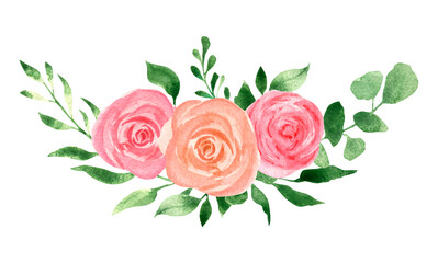 Watercolor bouquet with pink roses and branches of greenery, wedding foliage, hand-drawn. For textiles, invitations, wedding stationery, sublimation design.