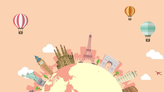 Travel, vacation, sightseeing animation banner (4K) . World heritage and world famous buildings. no text version.