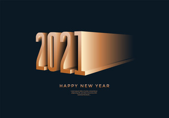 Happy New Year 2021 3d gold numbers typography greeting card design on dark background. Merry Christmas invitation poster with golden text.