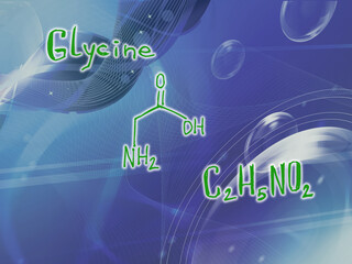 Chemical molecular formula of the amino acid glycine G . Infographics. Abstract bright glitter blue background.