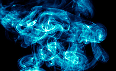 Blue smoke isolated on black background.