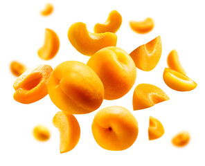 Apricots levitate on a white background. Ripe fruit in flight