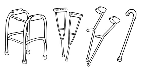 Set of crutches for disabled people doodles. Collection of walking support vector graphic symbols