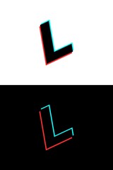 L letter font made of glitch, stereo effect. Dynamic, split red and blue color. For dj logo, electromusic posters, bright logo and more. Vector illustration