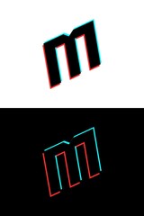 M letter font made of glitch, stereo effect. Dynamic, split red and blue color. For dj logo, electromusic posters, bright logo and more. Vector illustration