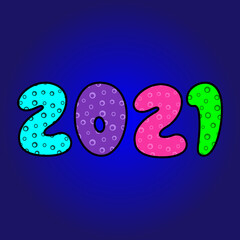 Happy New Year 2021 banner. Big bright colourful letters decorated rings on gradient dark blue background. Cool design in cartoon style for greeting card, background, web