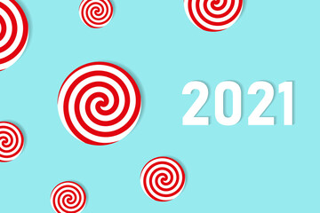 Minimalistic cool abstract background with red-white circles and 2021. Happy New Year. May use for website, banner, calendar, greeting card