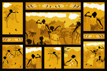 African Primitive Arts - Mood board of a rural scene (8 seamless fabrics, photos)  