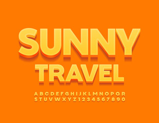Fototapeta na wymiar Vector bright banner Sunny Travel. 3D Yellow Alphabet Letters and Numbers set. Modern creative Font
