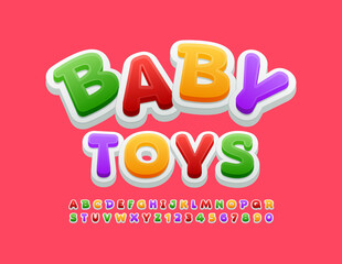 Vector cute emblem Baby Toys. Colorful funny Toys. Cute bright Alphabet Letters and Numbers set