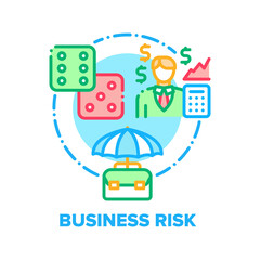 Business Risk Vector Icon Concept. Financial Game Risk Calculating, Analysis And Strategy, Plan And Assessment, Evaluate And Review. Businessman Managing Finance And Solve Problem Color Illustration