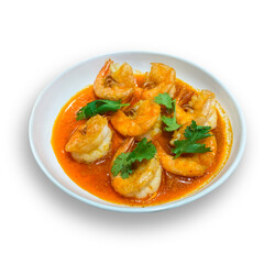 Fried shrimp with salted egg sauce on white background
