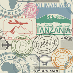 Seamless pattern with visa rubber stamps on passport with text Africa