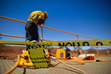 Safety workplace yellow striped caution tape sign barricade exclusion zone preventing from public...
