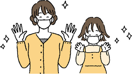 親子　手洗いで風邪予防する人物のイラスト
 clip art of parent and child washing hands to prevent colds

