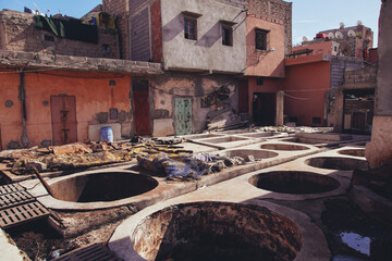Fototapeta na wymiar Traditional craft in Morocco, dying leather in tanneries of Marrakech