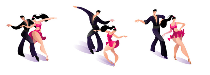 Beautiful couple dancing Latin American dance of samba. A set of images of dancing couples. Vector illustration in bright colors.