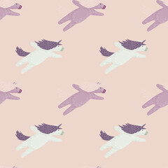 Horse with horn seamless doodle pattern. Kids unicorn print in lilac and pastel pink tones.