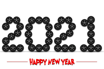 Happy New Year. 2021 numbers made from car wheels. Design pattern for greeting card, banner, poster, flyer, party invitation, calendar. Vector illustration