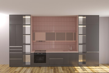 3d rendering of new contemporary kitchen interior in grey and pink colors