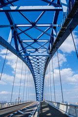 鉄橋の中から眺める青空と対岸へ続いていく道路