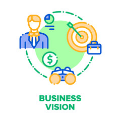 Business Vision Vector Icon Concept. Business Goal And Financial Planning, Strategy And Accounting, Investment And Management, Motivation And Decision. Company Mission Color Illustration